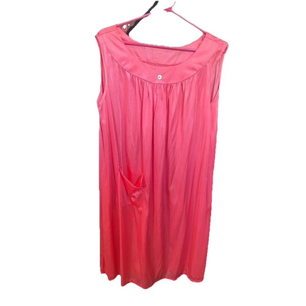 Vintage Coral Pink Robe & Gown Set Button Front 2 Pc USA Pocket L Nylon